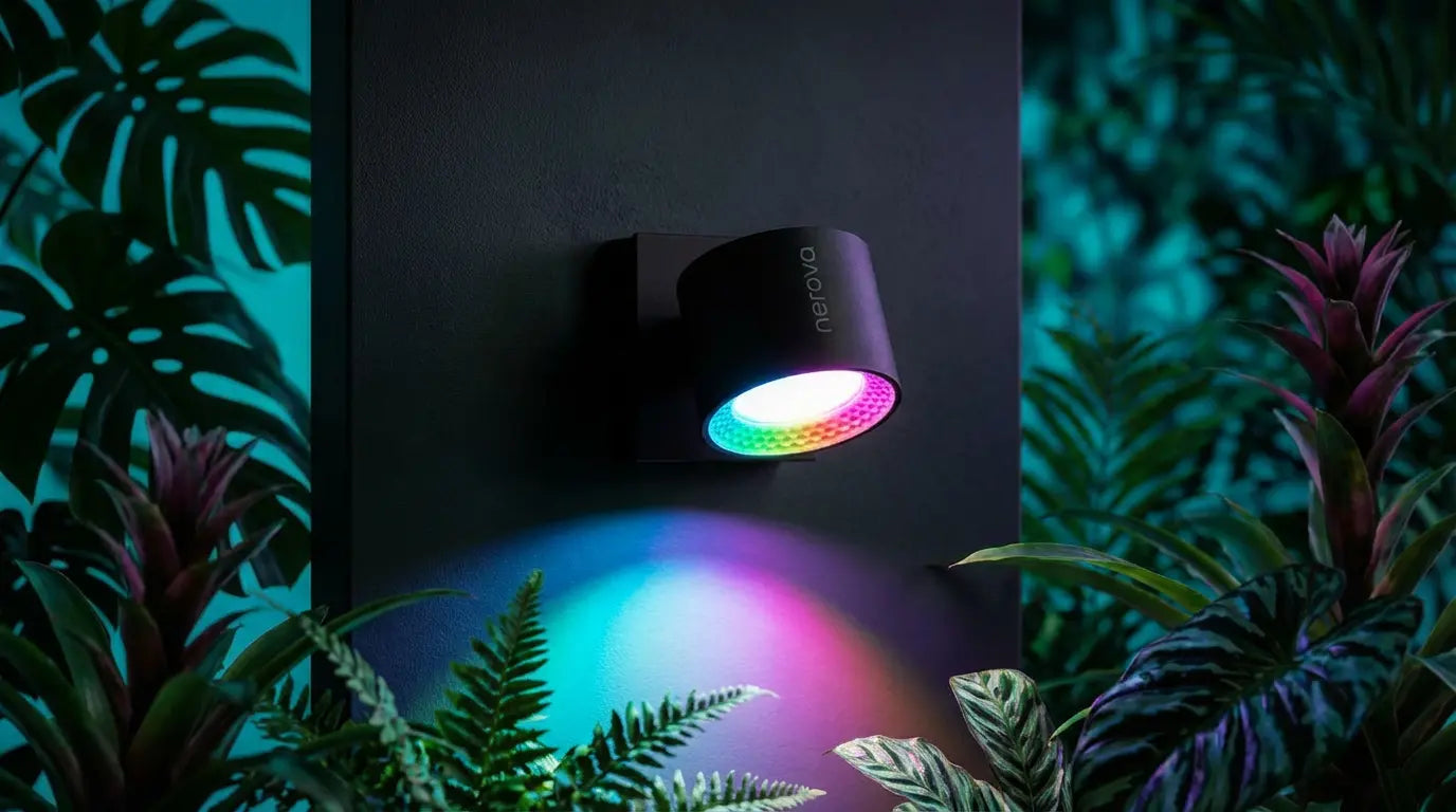 Lampe murale connectée Nerova RGB multicolore fixée sur mur extérieur