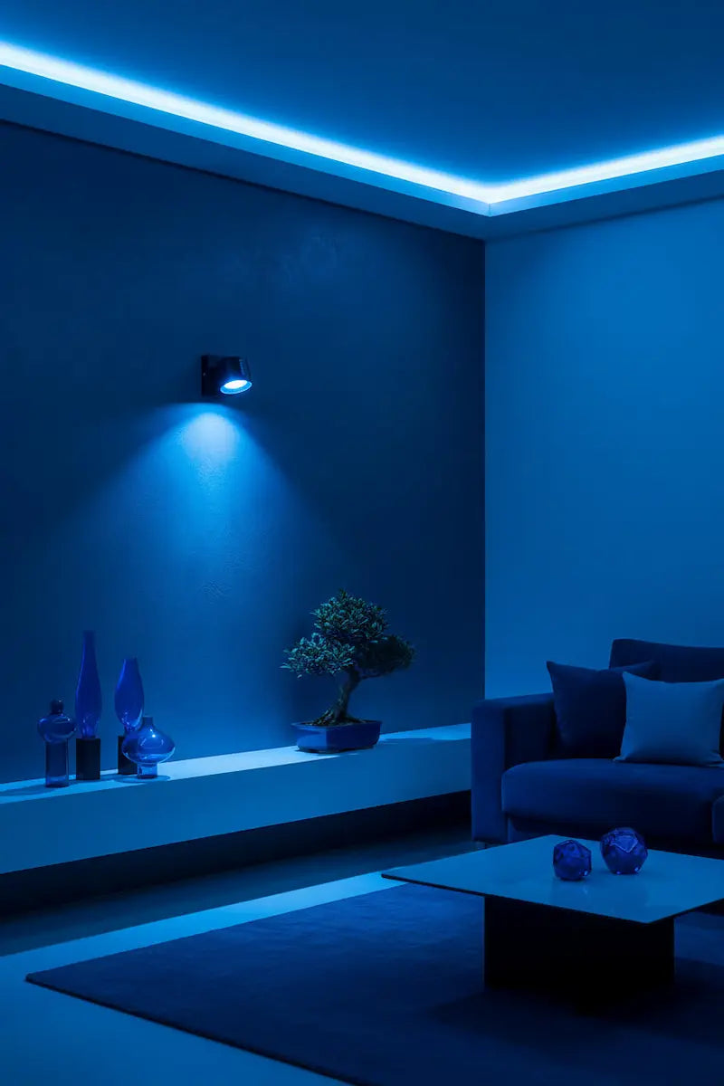 Lampe murale Nerova éclairage bleu intense salon moderne avec bonsaï