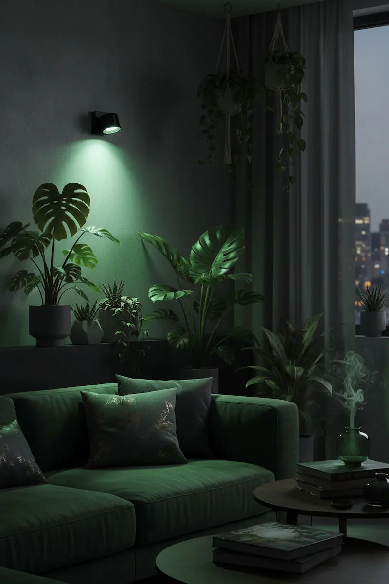 Lampe murale Nerova éclairage vert salon moderne avec plantes tropicales