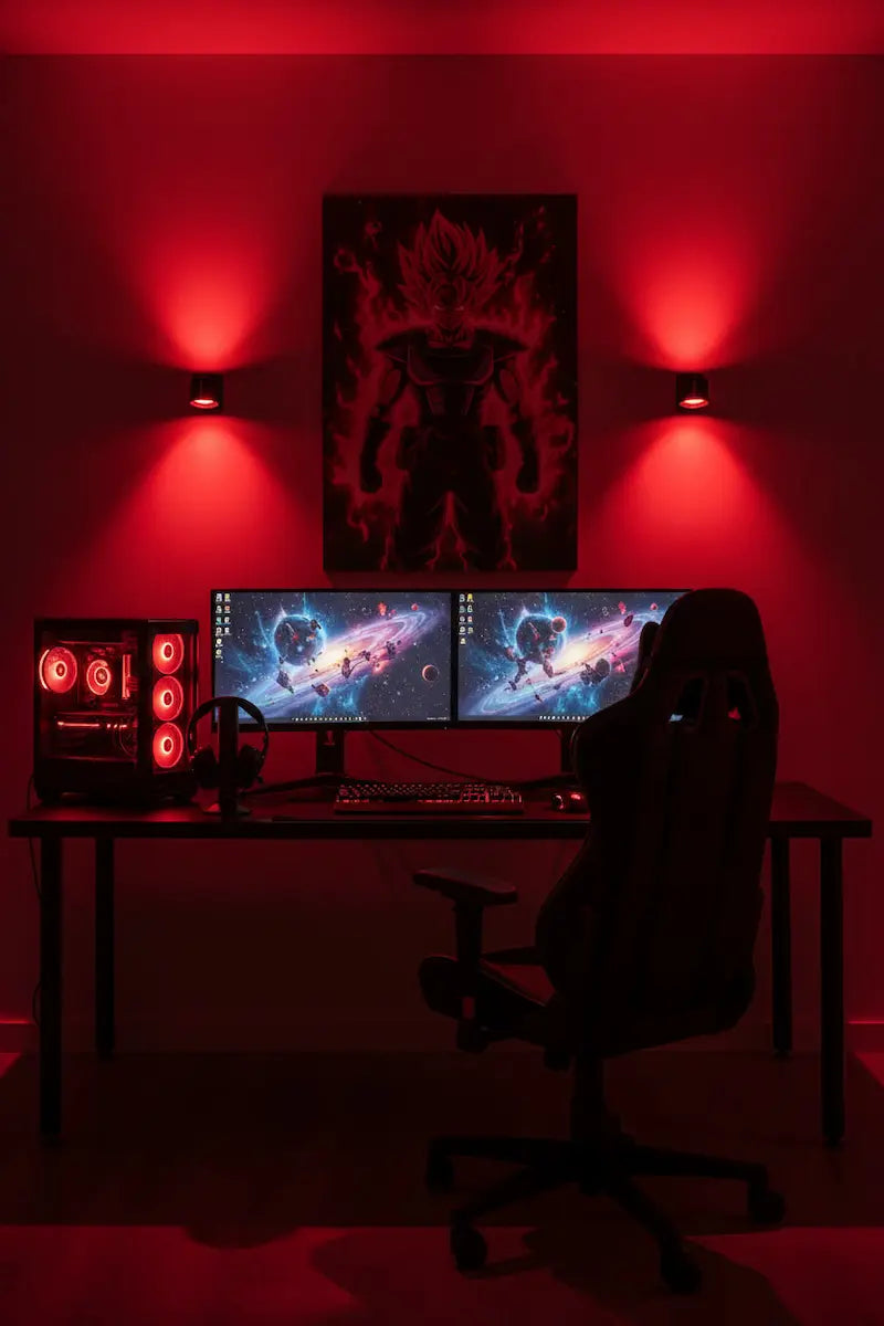 Lampe murale Nerova rouge éclairant un setup gaming avec double écran