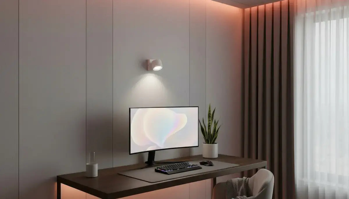 Lampe murale Nerova éclairant un bureau minimaliste avec moniteur ultrawide